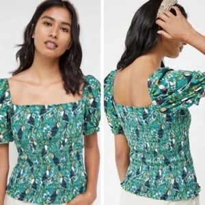 Dolan Anthropologie Teal Printed Smocked Blouse Size Small